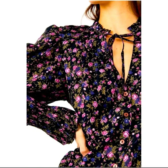NWOT Free People Meant to Be Poets Sleeve Black Floral Cotton‎ Blouse Size Large - Picture 8 of 8